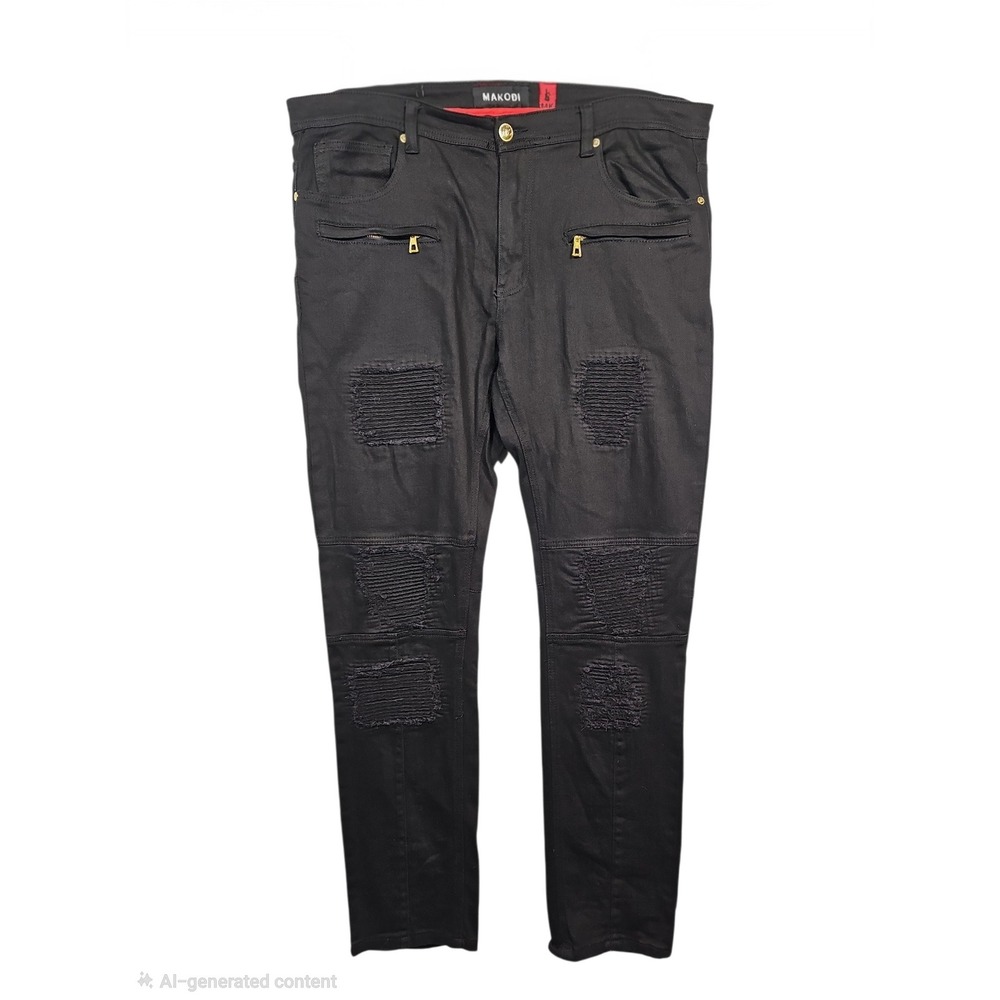 Makobi Denim Jeans Black Moto Distressed Gold Zip Streetwear Mens 40x34